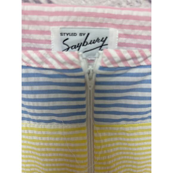 Saybury Vintage Zip Up Housecoat Robe Pink Blue Yellow Stripes SZ MED - Picture 3 of 4